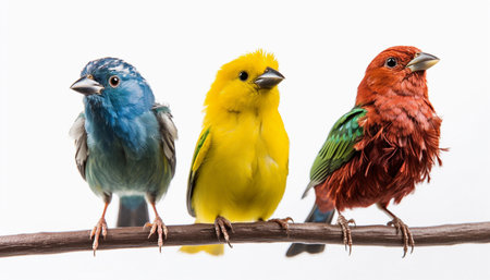 Colorful birds isolated on a white background. Close-up.の素材