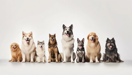 Group of dogs sitting and looking at the camera on white studio backgroundの素材