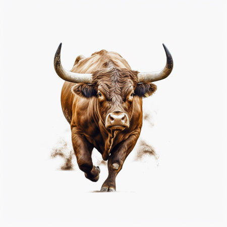 Bull with big horns running on a white background.の素材