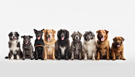 Group of dogs sitting in a row isolated on a white studio backgroundの素材