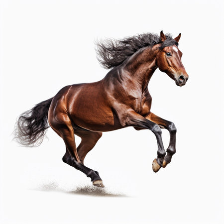 Portrait of a bay stallion in motion isolated on white backgroundの素材