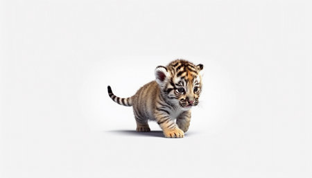 Cute little tiger cub standing isolated on white background. 3D illustration.の素材
