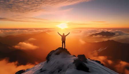 Silhouette of a man standing on the top of a mountain with his hands raised up. Celebrating success on mountain peak, mountain top, hiking, top of the worldの素材