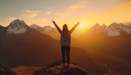 Happy woman standing on top of mountain and looking at the sunset. Celebrating success on mountain peak, mountain top, hiking, top of the worldの素材