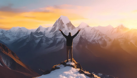 Man on top of the mountain with raised hands and looking at the sunset. Celebrating success on mountain peak, mountain top, hiking, top of the worldの素材