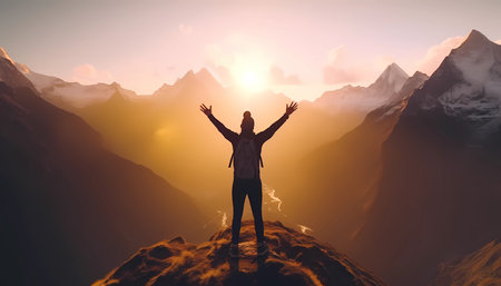 Silhouette of a man on top of a mountain with his hands up. Celebrating success on mountain peak, mountain top, hiking, top of the worldの素材