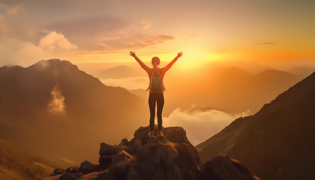 Celebrating success on mountain peak, mountain top, hiking, top of the world, Silhouette of a woman standing on the top of a mountain and raising her hands up.の素材