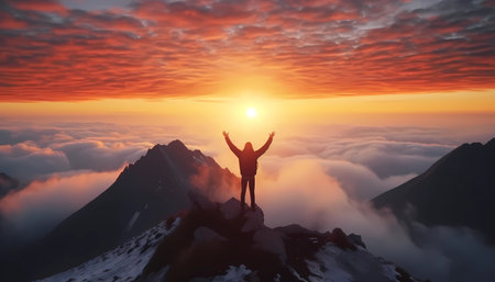 Silhouette of a man standing on the top of a mountain and enjoying the sunrise. Celebrating success on mountain peak, mountain top, hiking, top of the worldの素材
