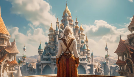 A girl in a long dress stands on the background of the castle.の素材