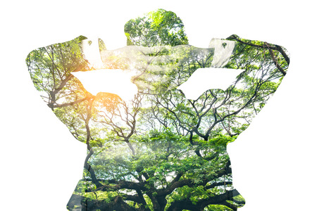 The double exposure image of the businessman relaxing on a chair during sunrise overlay with forest image and white copy space. The concept of nature, freedom, environment and business.の写真素材