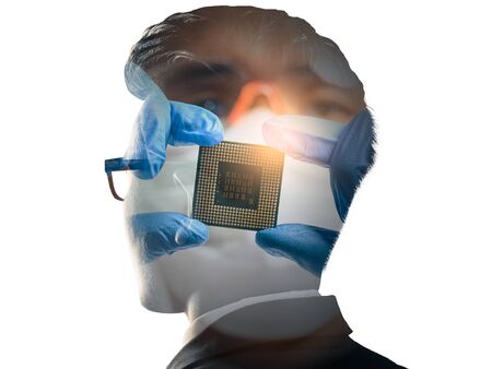 The double exposure image of the businessman standing overlay with the CPU installing image. the...