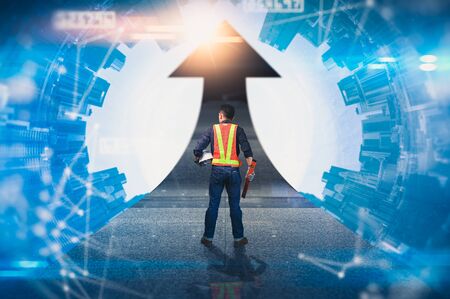 The double exposure image of the engineer thinking overlay with cityscape image and. The concept of...