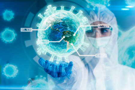 the scientists are holding the coronavirus's hologram the laboratory. the concept of coronavirus, vaccination, laboratory and medical.の写真素材
