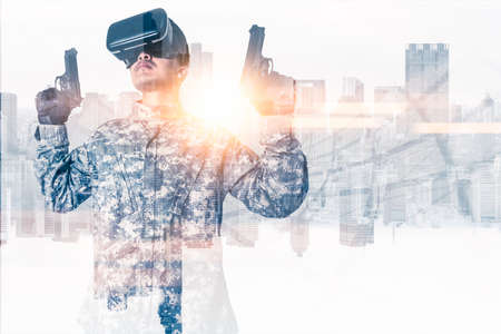 The abstract double exposure image of gamer using a smart glasses or vr glasses overlay with virtual...