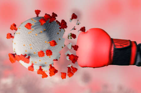 The double exposure image of the businessman standing for fighting the coronavirus. the concept of...