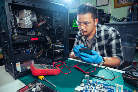 The technician repairing the computer. the concept of computer, CPU, motherboard, hardware, repairing, upgrade and technology.の写真素材