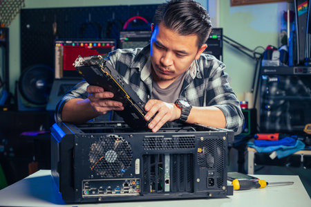 The technician repairing the computer. the concept of computer, CPU, motherboard, hardware, repairing, upgrade and technology.の写真素材