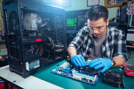 The technician repairing the computer. the concept of computer, CPU, motherboard, hardware, repairing, upgrade and technology.の写真素材