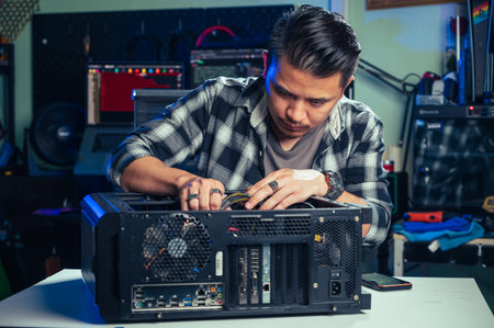 The technician repairing the computer. the concept of computer, CPU, motherboard, hardware, repairing, upgrade and technology.の写真素材