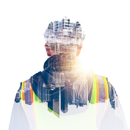 The double exposure image of the engineer thinking overlays with cityscape image with copy space. The concept of engineering, construction, futuristic and industry.の写真素材