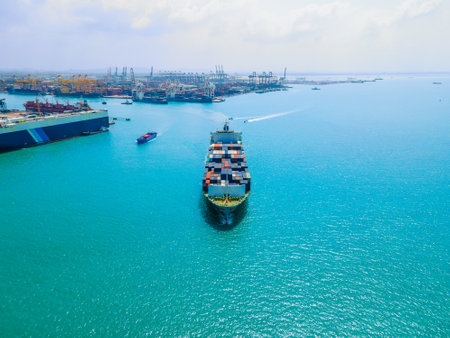 the image provides a stunning aerial view of a bustling cargo ship port, where massive vessels dock and unload their precious cargo.の写真素材