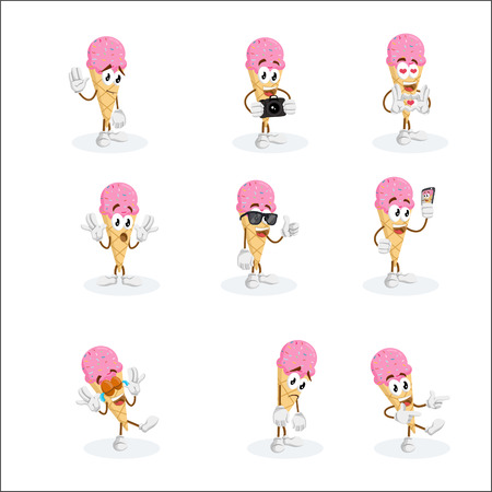 All set pink ice cream icon mascot and background with flat design style for your icon or mascot branding.のイラスト素材