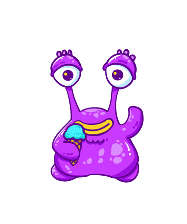 Purple monster holding ice cream in cartoon illustration.のイラスト素材
