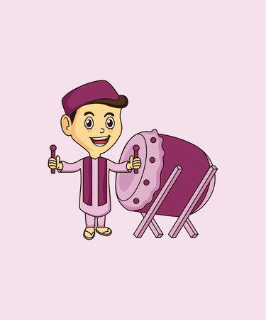 Cute Muslim mascot and background bedug pose with flat design style for your mascot branding.のイラスト素材