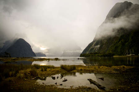The many moody shades of Milford Sound in the wet. の写真素材