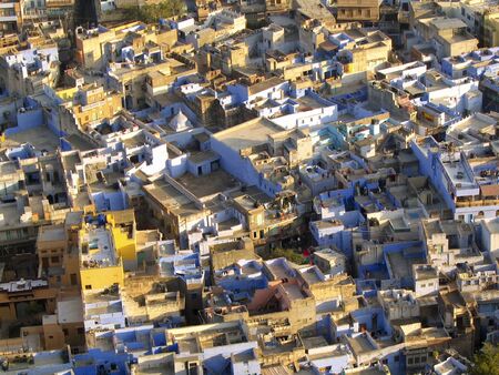 Brightly coloured rooftops and buildings in Jodhpur, India.の写真素材
