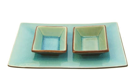 Glazed and cracked effect bowls in blue and brownの写真素材