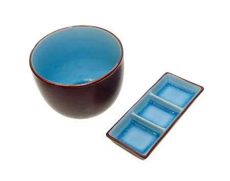 Glazed and cracked effect bowls in blue and brownの写真素材