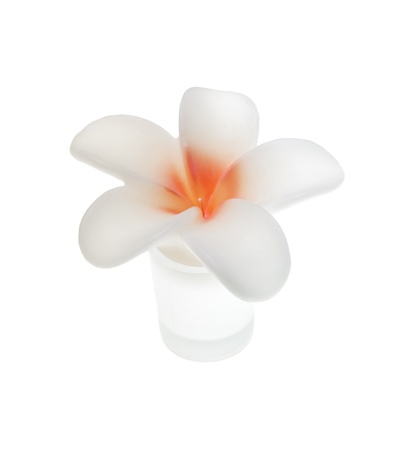 Candle in the shape of a flower over whiteの写真素材