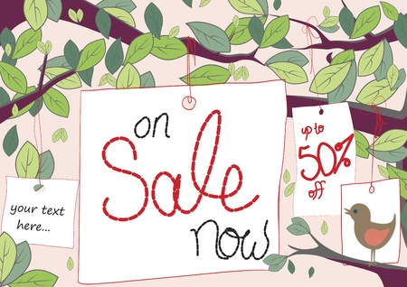 Sale tags hang from trees with space for text like 50  offのイラスト素材