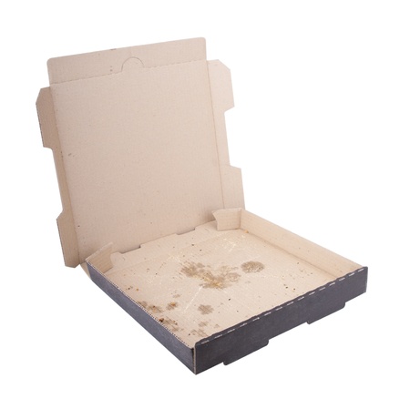 Empty pizza box with pizza stains isolated on whiteの写真素材