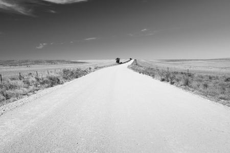 Dirt road in country Australia stretches into the distance under a blue sky in stunning black and whiteの写真素材