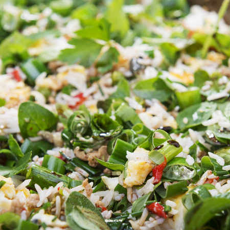 Close up of classic Asian inspired meal ingredients, with fresh herbs and soy sauceの写真素材