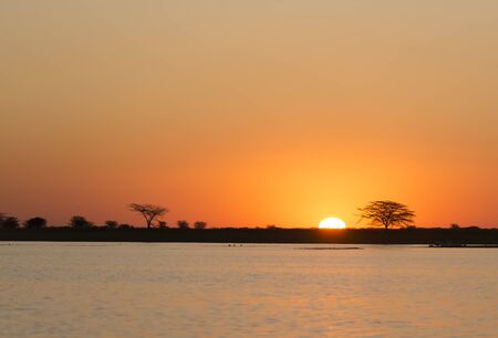 Classic African sunset with huge burning sun over Acacia trees and water in Botswana, Africaの写真素材