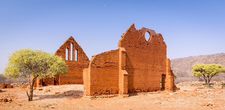 Old Palapye church ruins built from baked earth bricks in rural Botswana, Africaの写真素材