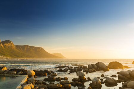 Ocean rock pools at sunset in South Africa