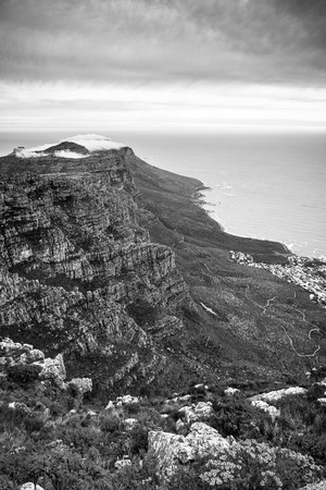 Scenic view of Twelve Apostles and coastline from Table Mountain in Cape Town, South Africa in black and whiteの写真素材