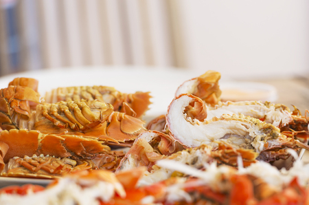 Seafood platter of Moreton Bay Bugs and other crustacea for outdoor lunchの写真素材
