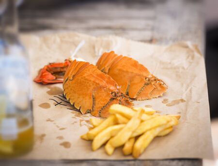 Modern take on fish and chips in Australia with Moreton Bay Bugs and hot chipsの写真素材
