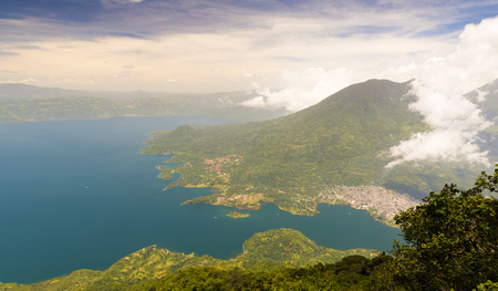 Aerial view of Lake Atitlan from the summit of volcano San Pedro, Guatemala, Central Americaの写真素材