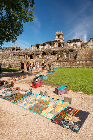 PALENQUE, MEXICO - NOVEMBER 29: Unknown people explore the mayan temple ruins and vendors souvenirs on display on November 29, 2016 in Palenque. Palenque was declared a world heritage site by UNESCO in 1987.のeditorial素材