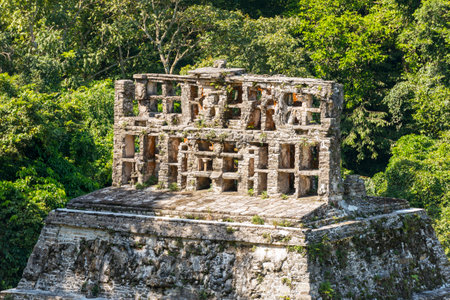 PALENQUE, MEXICO - NOVEMBER 29: Mayan temple ruins featuring ornamental roof comb on November 29, 2016 in Palenque. Palenque was declared a world heritage site by UNESCO in 1987.のeditorial素材