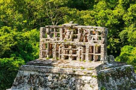 PALENQUE, MEXICO - NOVEMBER 29: Mayan temple ruins featuring ornamental roof comb on November 29, 2016 in Palenque. Palenque was declared a world heritage site by UNESCO in 1987.のeditorial素材