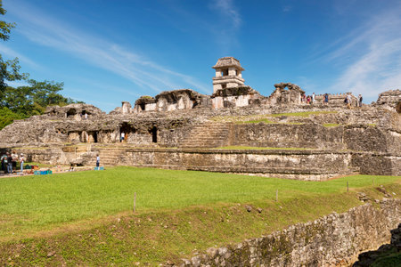PALENQUE, MEXICO - NOVEMBER 29: Unknown people explore the mayan temple ruins on November 29, 2016 in Palenque. Palenque was declared a world heritage site by UNESCO in 1987.のeditorial素材