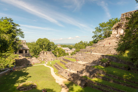 PALENQUE, MEXICO - NOVEMBER 29: Unknown people explore the mayan temple ruins surrounded by dense jungle on November 29, 2016 in Palenque. Palenque was declared a world heritage site by UNESCO in 1987.のeditorial素材