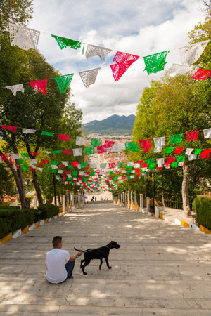 SAN CRISTOBAL, MEXICO - NOVEMBER 27: An unidentified man with a dog look out at the view of San Cristobal de las Casas form the steps of the Guadalupe Church under rows of colorful paper flags on November 27, 2016 in San Cristobal. The Guadalupe Church isのeditorial素材